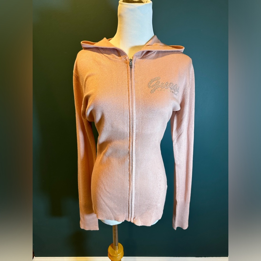 NWT! Guess Bling Sequin Francer Full Zip Sweater Hoodie Pink